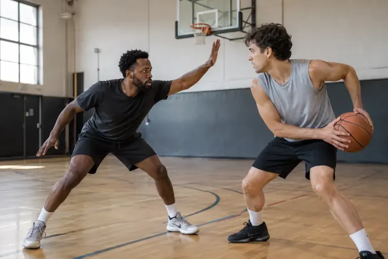 Two amateur adult basketball players practising a controlled defensive closeout on an indoor court.