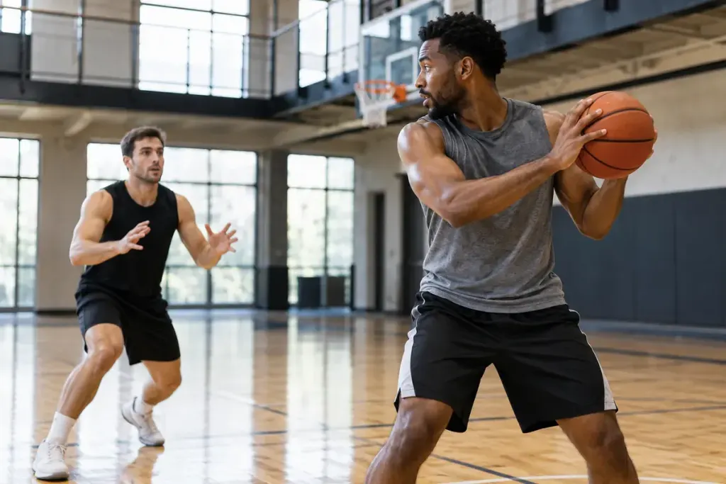 Two adult basketball players practising an outlet pass after a rebound in an indoor gym.