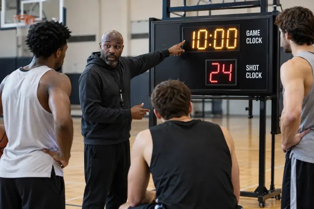 A basketball coach explaining two clocks on a training scoreboard to adult players.