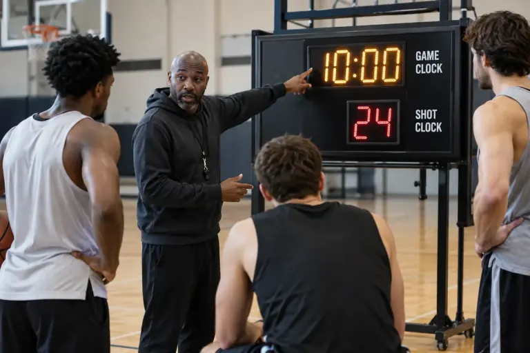 A basketball coach explaining two clocks on a training scoreboard to adult players.