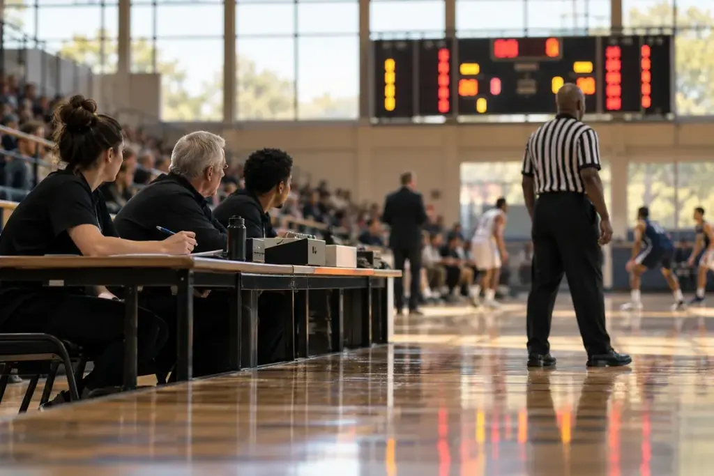 Basketball scoreboard and referee table viewed from the sideline.