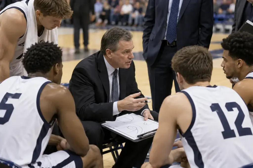 A basketball coach speaking with players beside a court during a timeout.