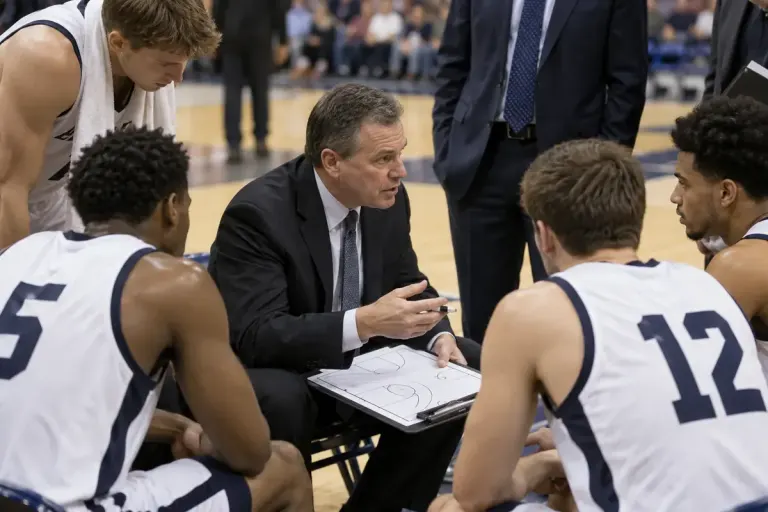 A basketball coach speaking with players beside a court during a timeout.
