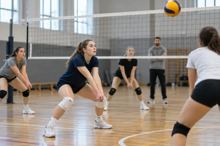 Volleyball players preparing to receive a manageable return over the net.