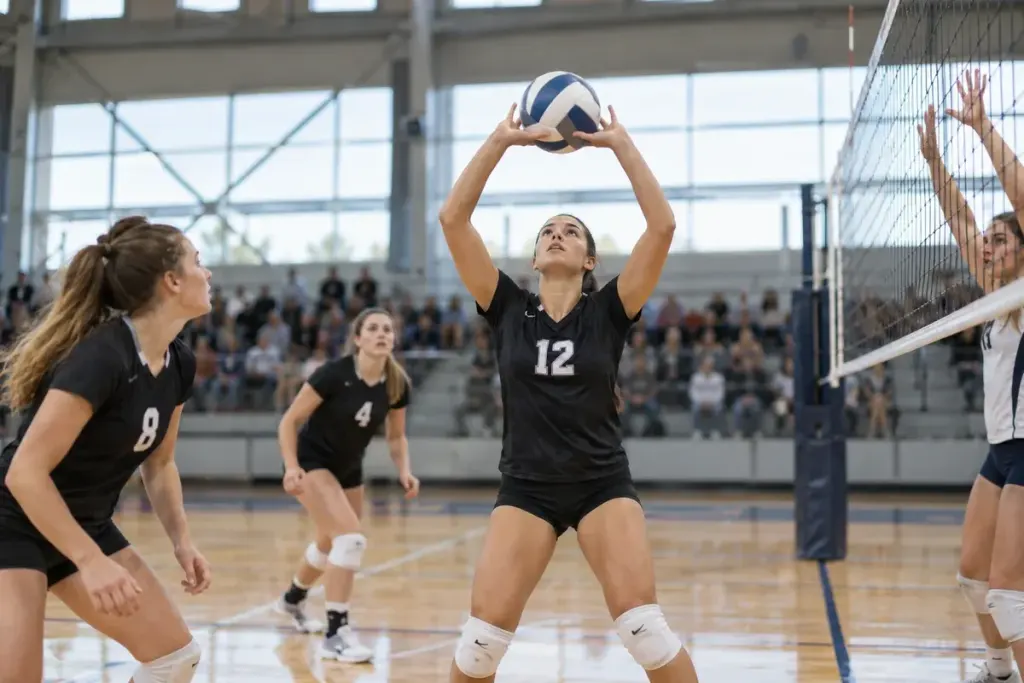 A volleyball setter preparing a two-handed set with teammates ready to approach on an indoor court.