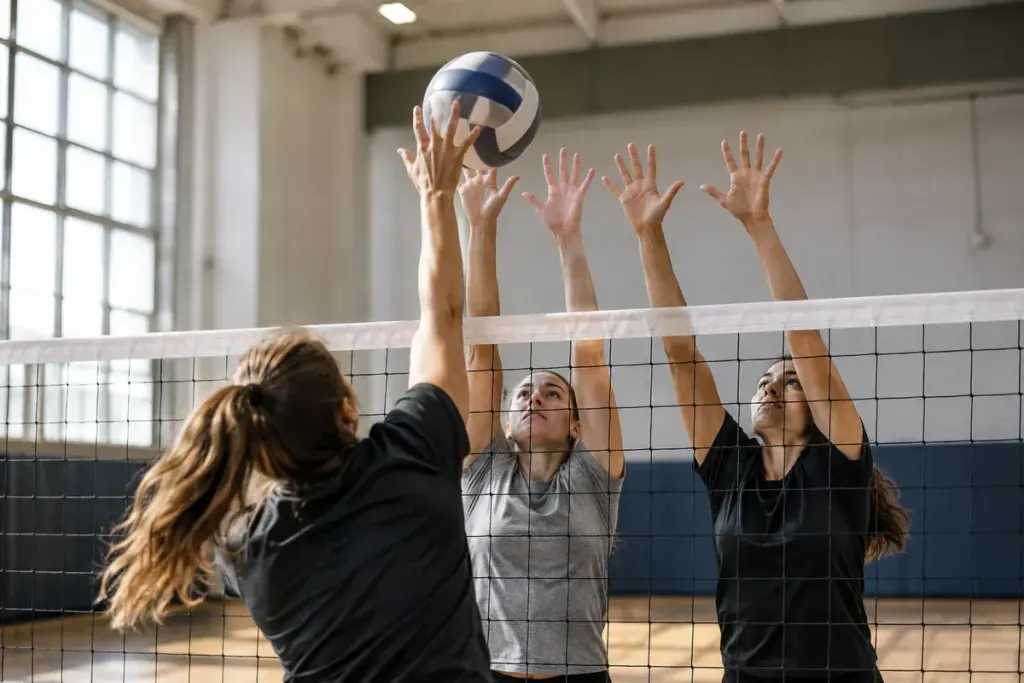 Volleyball players blocking ball at net in training gym.