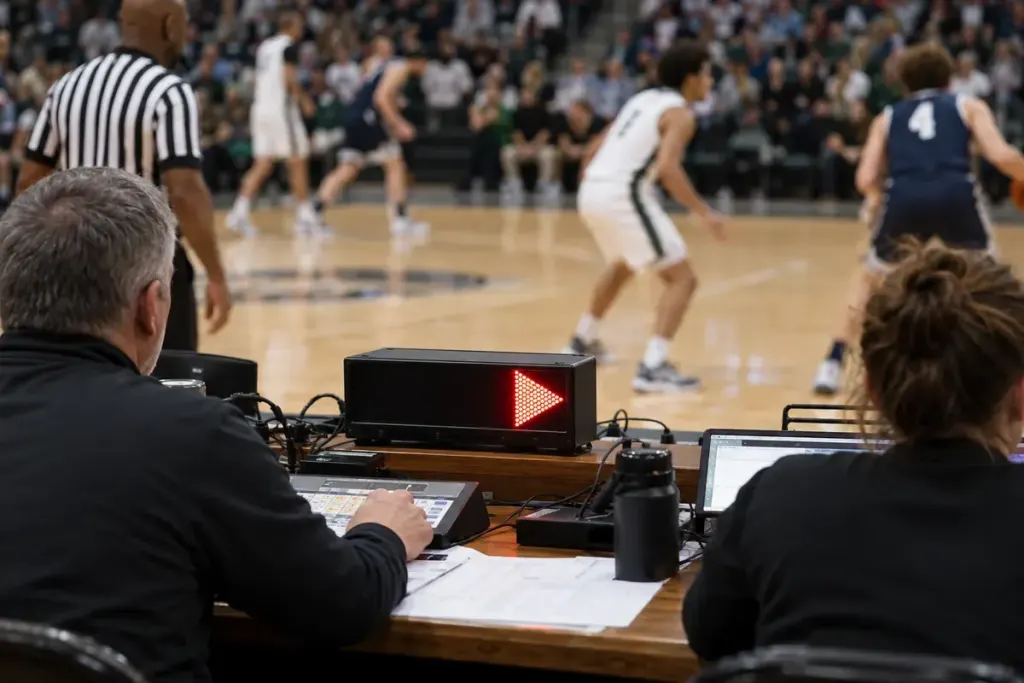 A basketball scorer's table with a generic possession arrow indicator and court in the background.
