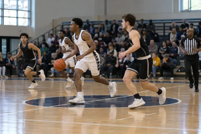 Basketball players moving across the halfway line on an indoor court, referee visible at sideline.
