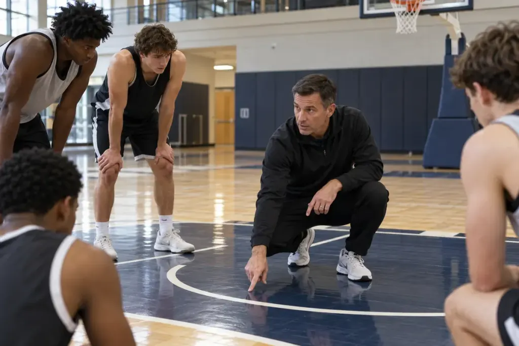Basketball coach pointing at the no-charge semicircle on an indoor court.