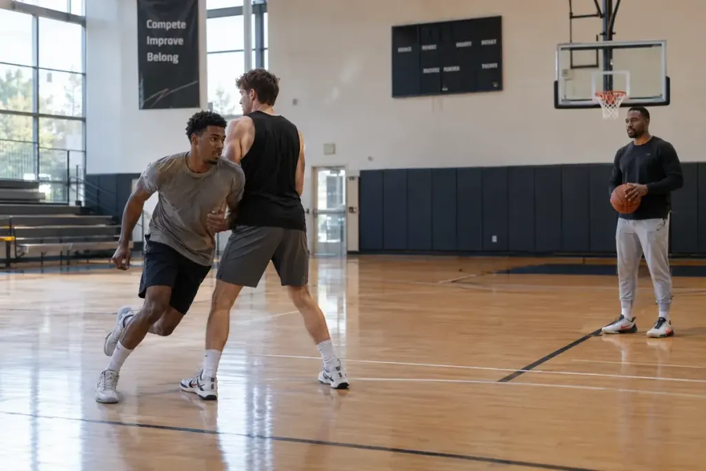 Basketball practice with one player setting a stationary off-ball screen while a teammate cuts toward open space, indoor court wide view.