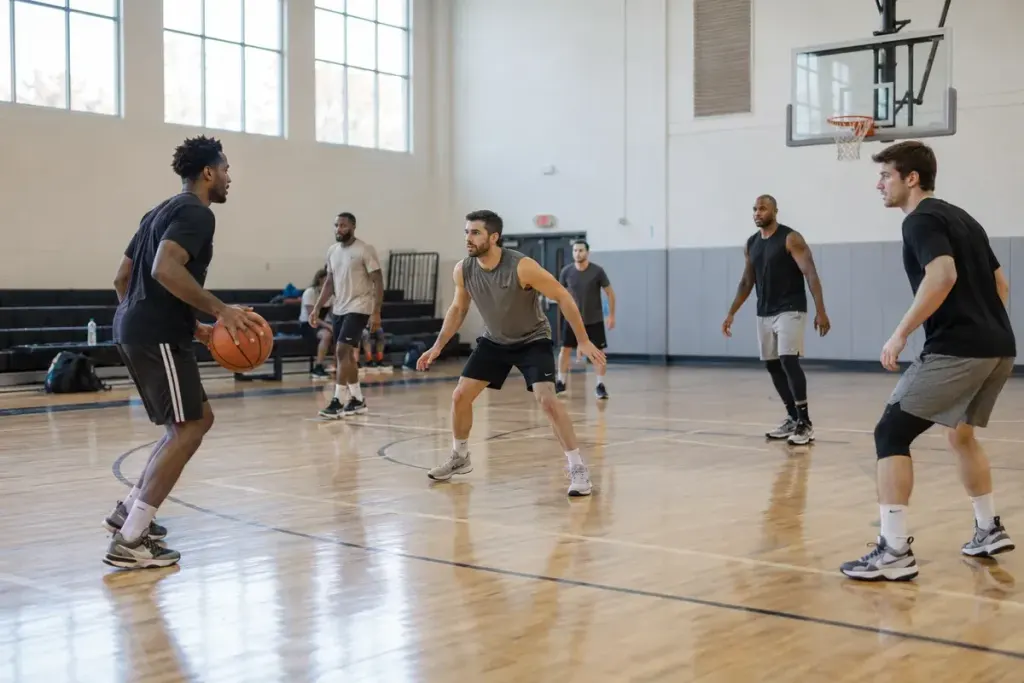 Basketball players spreading across a court during a practice possession.
