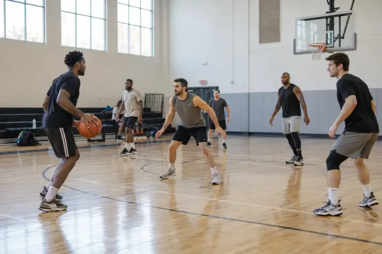 Basketball players spreading across a court during a practice possession.