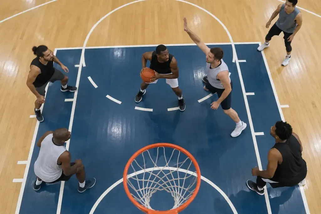 An overhead view of adult basketball players positioned around the painted lane in an indoor court.