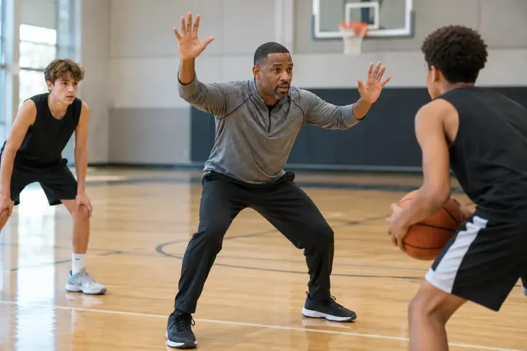A basketball coach demonstrating an upright defensive stance with arms raised on an indoor court.