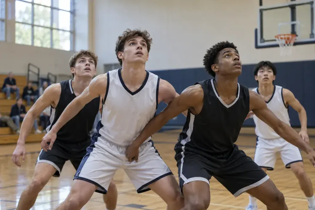 Amateur basketball players positioning for a rebound in a school gym.