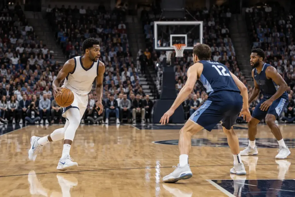 A basketball player bringing the ball up court with defenders ahead, wide view of an indoor game.