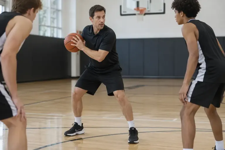 A basketball coach demonstrating a stationary pivot stance with a ball on an indoor court.