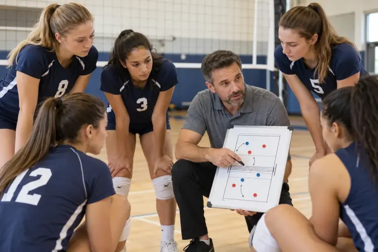Volleyball players discussing rotation positions with a coach using a court diagram.