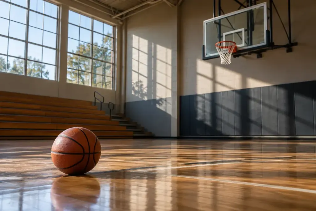 A basketball on the floor beneath a hoop in an empty gym.