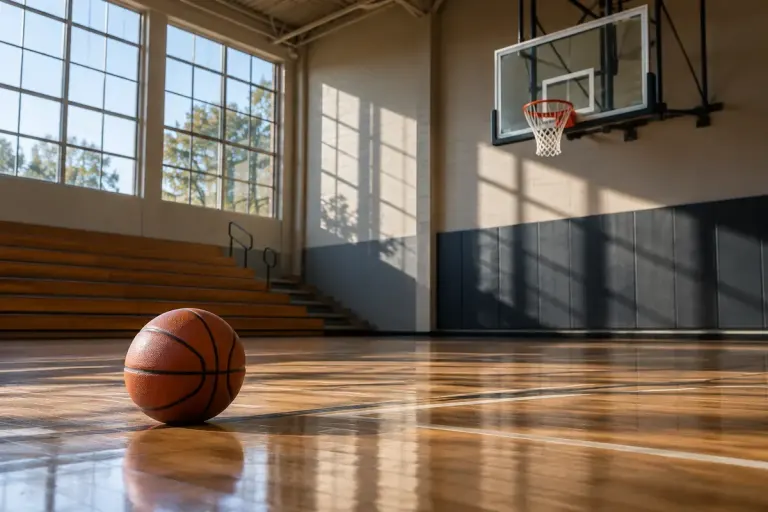 A basketball on the floor beneath a hoop in an empty gym.
