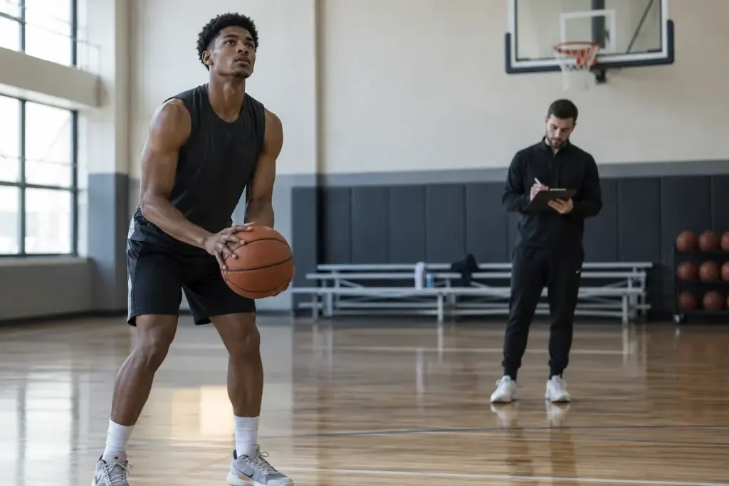 A basketball player preparing a free throw on an indoor court with a coach taking notes.