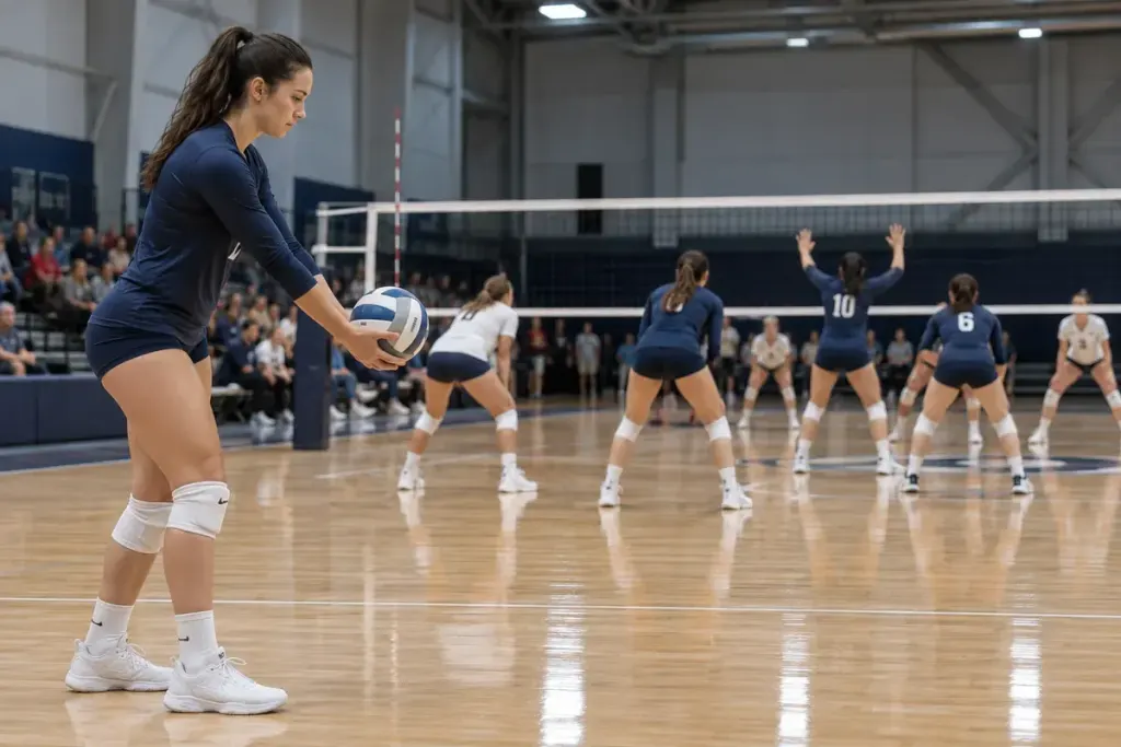 Indoor volleyball players preparing near the net during a practice session.