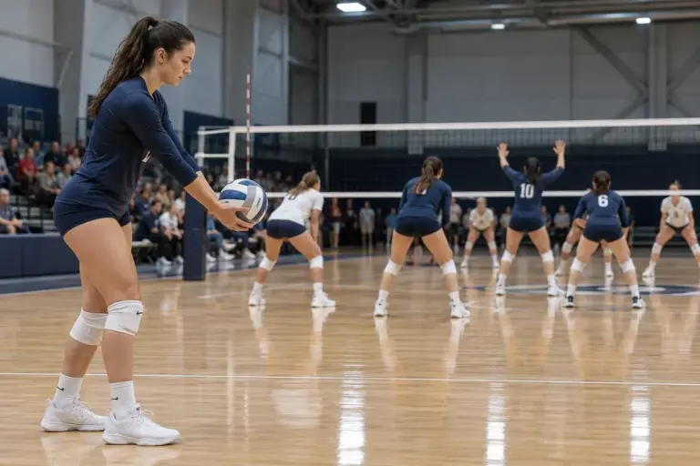 Indoor volleyball players preparing near the net during a practice session.
