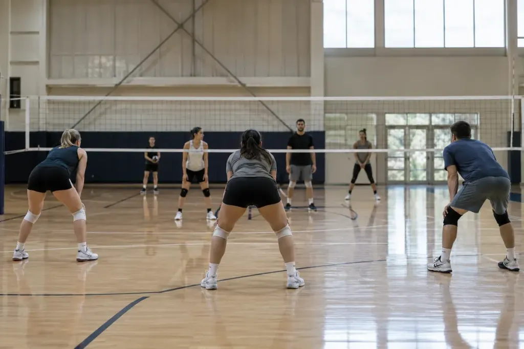 Volleyball players preparing to receive a serve in an indoor gym.