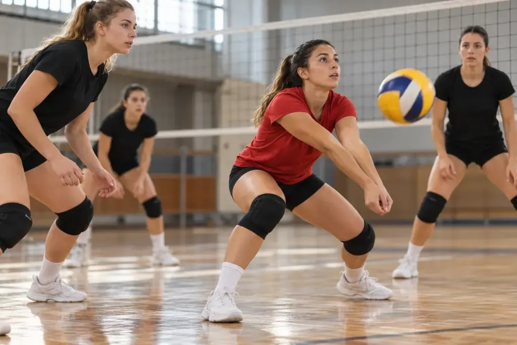 Volleyball players in practice with one player in a contrasting shirt, indoor court.